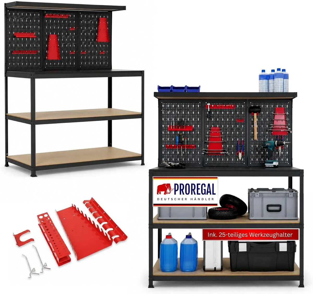 Werkbank und Werktisch – ARES, mit Lochwand, 155 × 120 × 60cm, 150kg, für Werkstatt und Heimwerken, schwarz