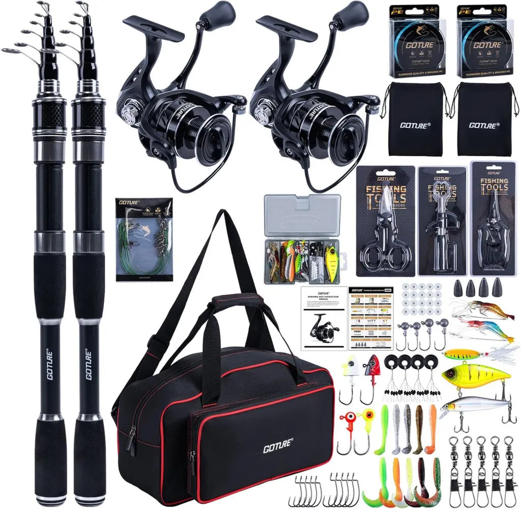 Goture Komplettes Angelset mit 2 Teleskopruten und Spinnrolle, Ideal für Salz- und Süßwasser