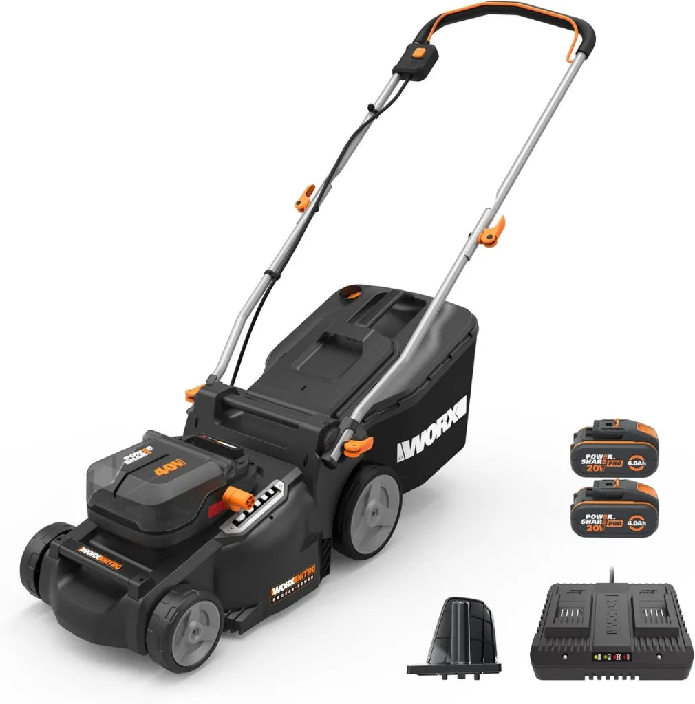 WORX Nitro Akku-Rasenmäher 40V, bürstenloser Motor, 37cm Schnittbreite, 6-fache Schnitthöhenverstellung, 40L Fangkorb, inklusive 2x4Ah Akkus und Doppelladegerät