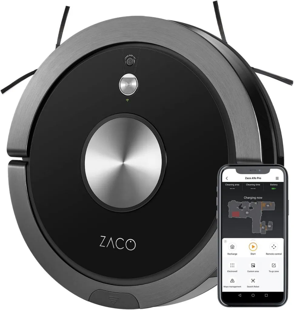 ZACO A9sPro Saugroboter mit Smart-Wischsystem, App-Steuerung & Alexa-Kompatibilität, Ultraflach mit 7,6 cm, Effiziente Raumkartierung, 120 Minuten Betriebszeit, Geräuscharmer Staubsauger für Teppiche, Tierhaare & Hartböden, Schwarz