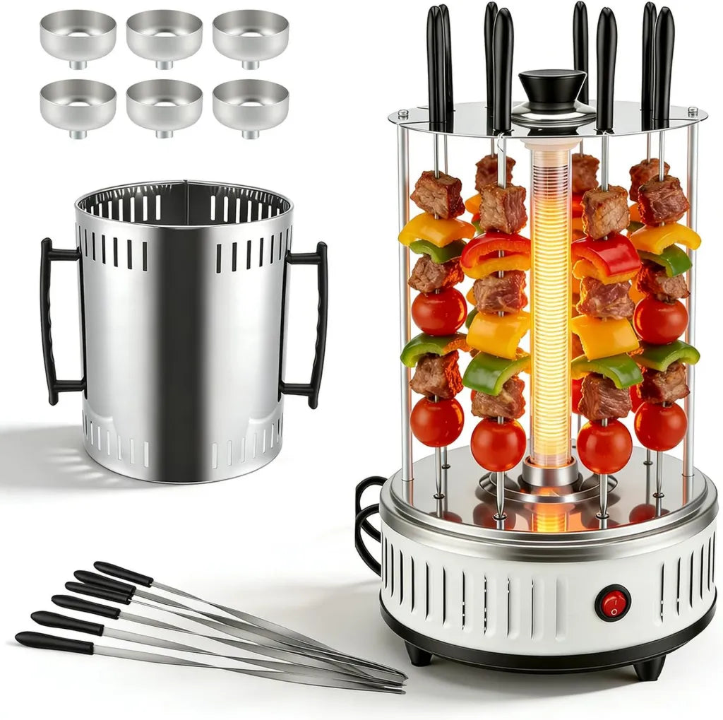 Elektrischer Vertikalgrill 1000W mit 6 Drehspießen, BBQ Tischgrill mit Glasheizrohr, Robust und Pflegeleicht für Haus und Garten