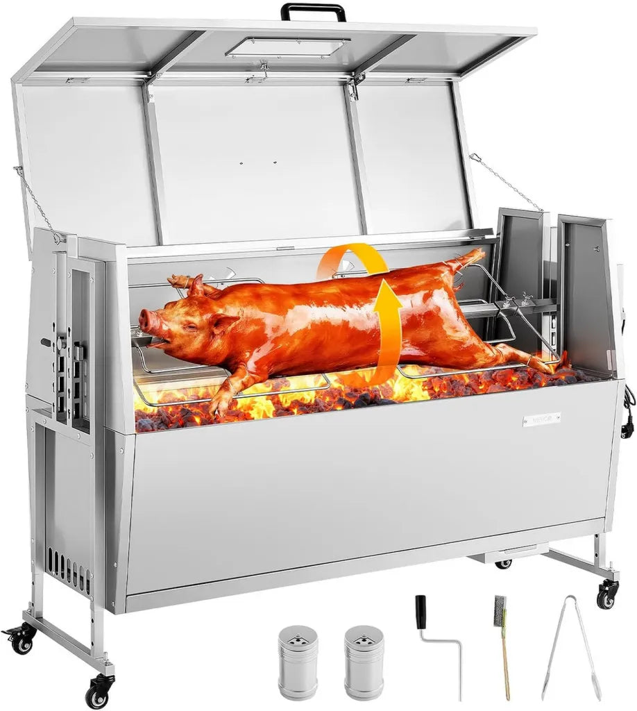 VEVOR Spanferkelgrill Edelstahl 132 cm mit Motor, Höhenverstellung und Rädern