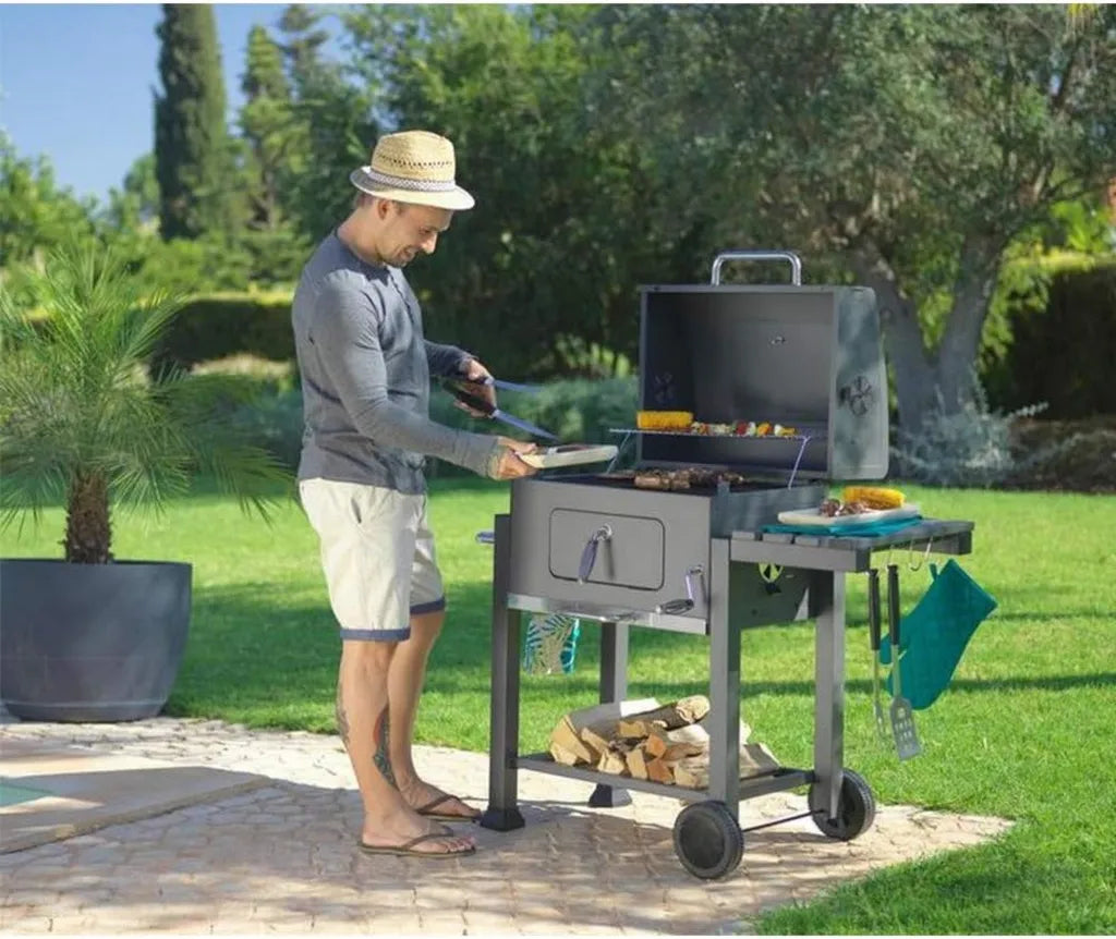 Großer Holzkohlegrillwagen mit Smoker-Funktion und Edelstahlgriff, ideal für Camping und Outdoor, Schwarz