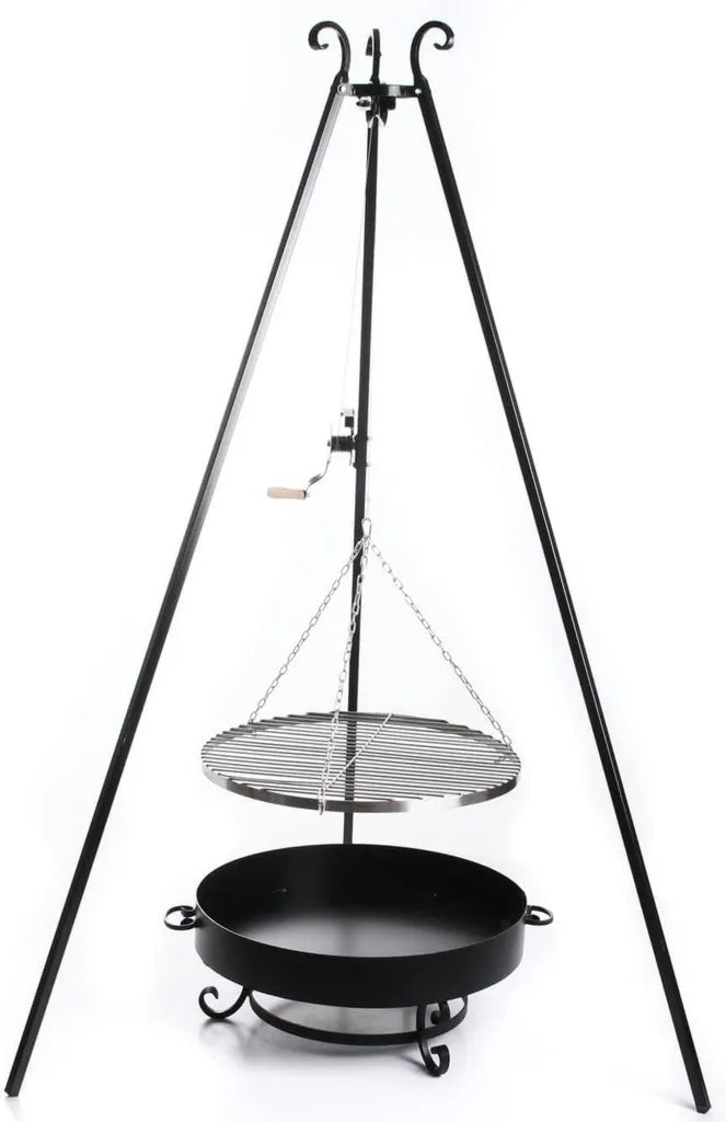 Dreibein-Schwenkgrill 185 cm, Stahl pulverbeschichtet, Holzkohlegrill mit Kurbel und Kette, Feuerschale Ø60 cm