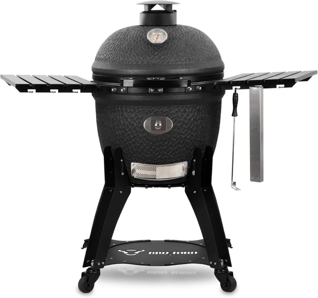 BBQ-Toro Kamado Keramikgrill mit Rollen, Ø 62 cm, matt schwarz, Bubble Frosted Design, inkl. Thermometer und Seitenablagen