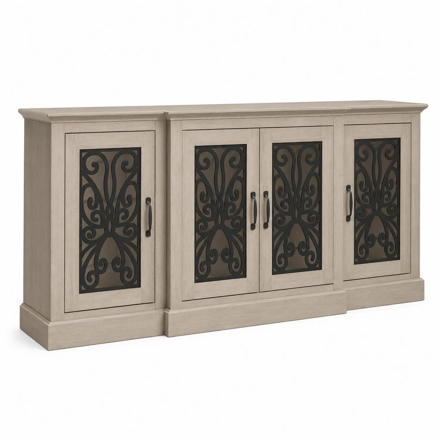 Sideboard Holz mit verzierten Türen, Hellbraun und Schwarz