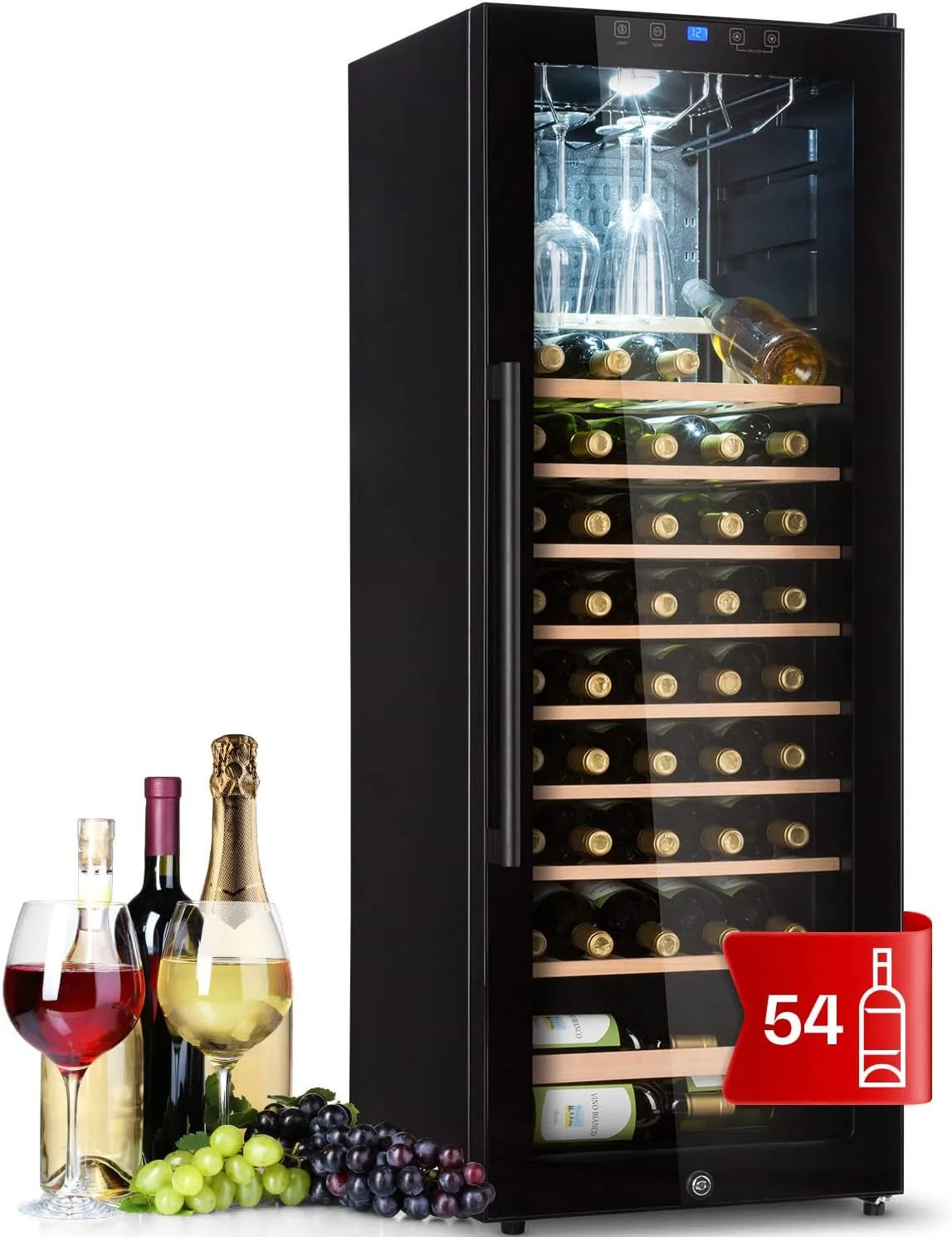 Klarstein Weinkühlschrank, 54 Flaschen, 1 Kochzonen, 4 bis 18 °C, Glas, schmal, freistehend, Weinkühlschrank Klein, Weinkühlschränke mit UV-Schutz