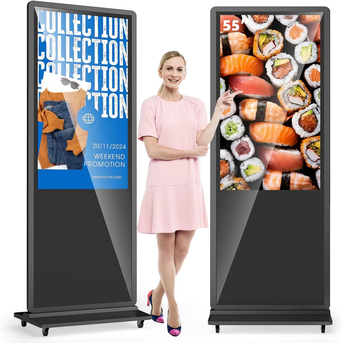 Digital Signage Display, 55 Zoll, LCD-Werbedisplay, Restaurant, Einzelhandel, Transportrollen, Touch-Bedienung, 4K UHD, digitaler Werbeanzeige
