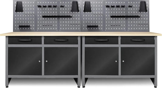 Tischplatte, mit Lochwand, mit Schubladen, mit Samtbezug, 240 cm, 85 cm, 243 cm, 28 mm