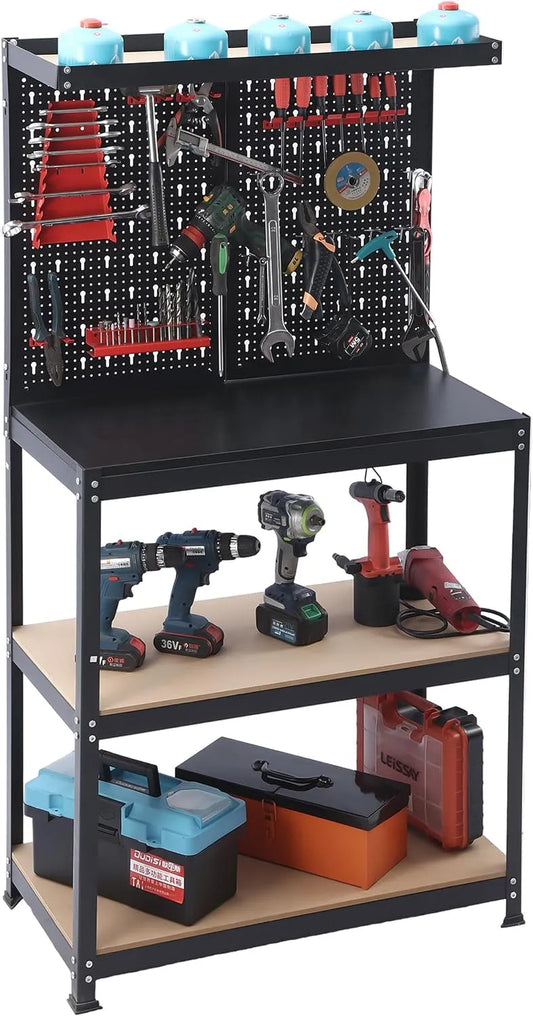 Werkbank und Werktisch, HBT, mit Lochwand, aus Stahl, 155 × 80,5 × 41 cm, für Werkstatt und Heimwerken, schwarz