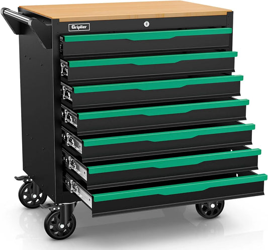 Werkstattwagen und Werkzeugwagen – mit Schubladen, 7 Schubladen, 79.5 × 48 × 82cm, für Werkstatt und Heimwerken, schwarz
