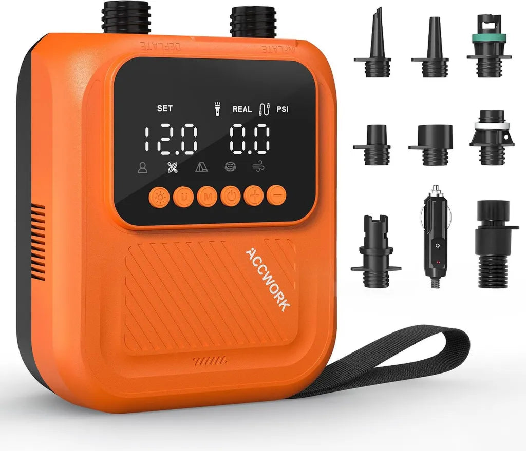 Accwork Elektrische SUP Pumpe 20 PSI, 12V Autoanschluss, Auto-Stopp, 2-stufig, inklusive 7 Adapter und Tasche für Kajak, Schlauchboot, Zelt