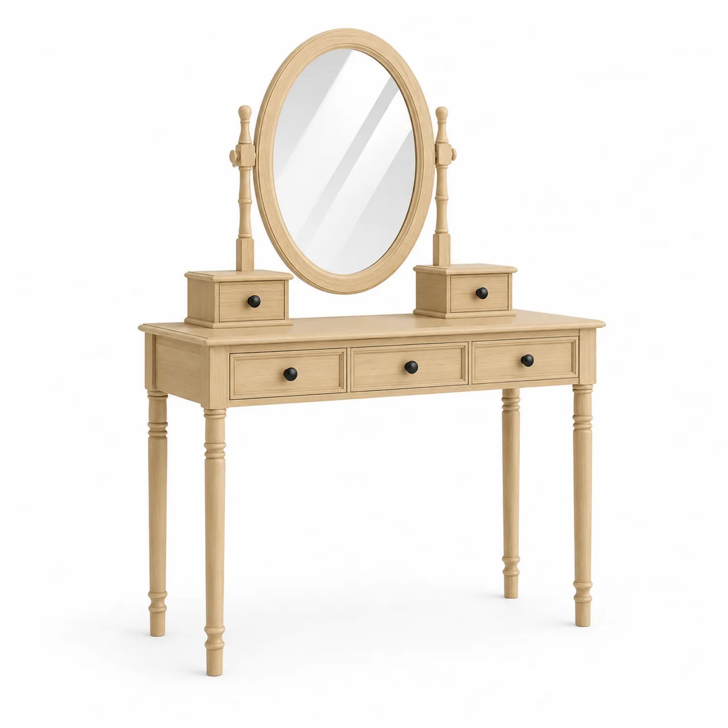 Schminktisch aus Holz mit ovalem Spiegel und Schubladen