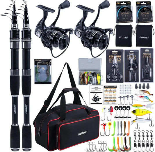 Goture Komplettes Angelset mit 2 Teleskopruten und Spinnrolle, Ideal für Salz- und Süßwasser