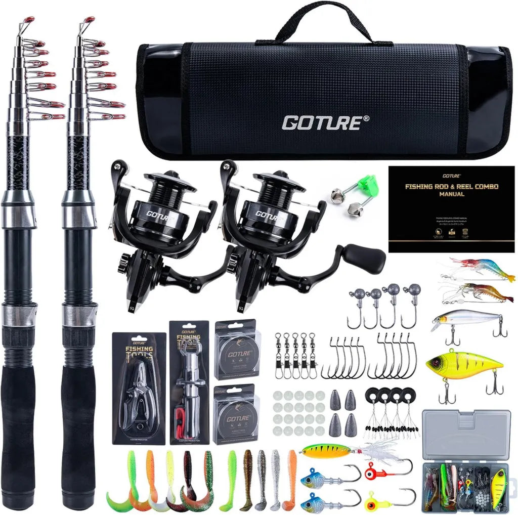 Goture Komplettes Angelset mit Teleskopruten und Spinnrolle, inklusive Köderbox und Tragetasche – Ideal für alle Gewässer