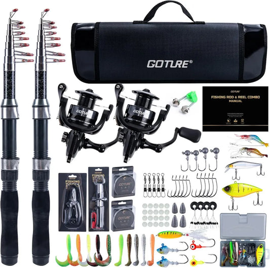 Goture Komplettes Angelset mit Teleskopruten und Spinnrolle, inklusive Köderbox und Tragetasche – Ideal für alle Gewässer