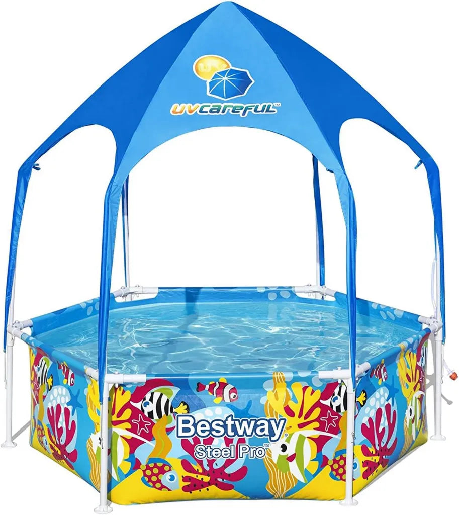 Bestway Stahlrahmenpool mit Sonnendach, rund Ø 183 cm, Unterwasser-Design, ohne Pumpe