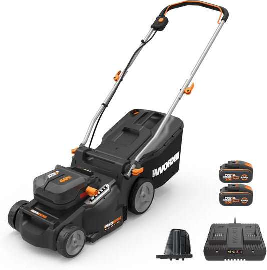 WORX Nitro Akku-Rasenmäher 40V, bürstenloser Motor, 37cm Schnittbreite, 6-fache Schnitthöhenverstellung, 40L Fangkorb, inklusive 2x4Ah Akkus und Doppelladegerät