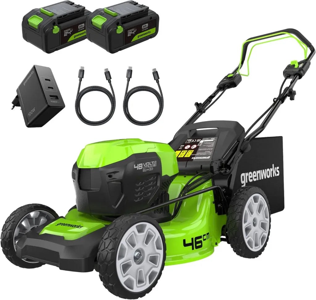 Greenworks 48V Akku-Rasenmäher mit Selbstantrieb, 46cm Schnittbreite, inklusive zwei 4Ah Akkus und Ladegerät, für bis zu 480m², 3 Jahre Garantie