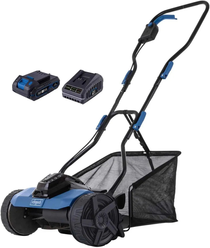 Scheppach 20V Akku-Spindelmäher mit 38 cm Schnittbreite, 200 m² Reichweite, 45L Fangkorb, Höhenverstellung 14-38 mm, inklusive 2Ah Akku & Ladegerät, 10 Jahre Garantie