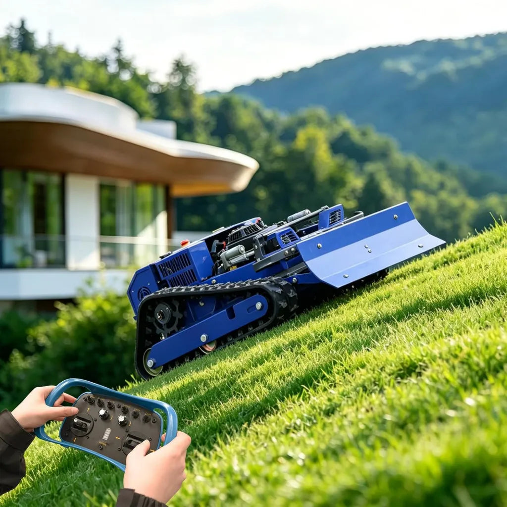 Ferngesteuerter Hybrid-Mähroboter: Geländegängig, Benzin-Elektro, 55 cm Schnittbreite, für 100% Steigungen, inkl. Schneepflug