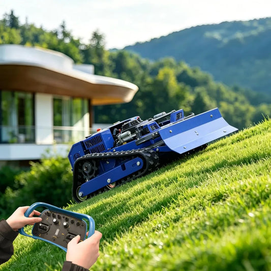 Ferngesteuerter Hybrid-Mähroboter: Geländegängig, Benzin-Elektro, 55 cm Schnittbreite, für 100% Steigungen, inkl. Schneepflug