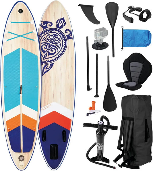 BRAST Aufblasbares SUP-Board Set Holzdesign | 320x81x15cm | Mit umfangreichem Zubehör | 5 Jahre Garantie | 2-in-1 Kajak-Paddel und Sitz