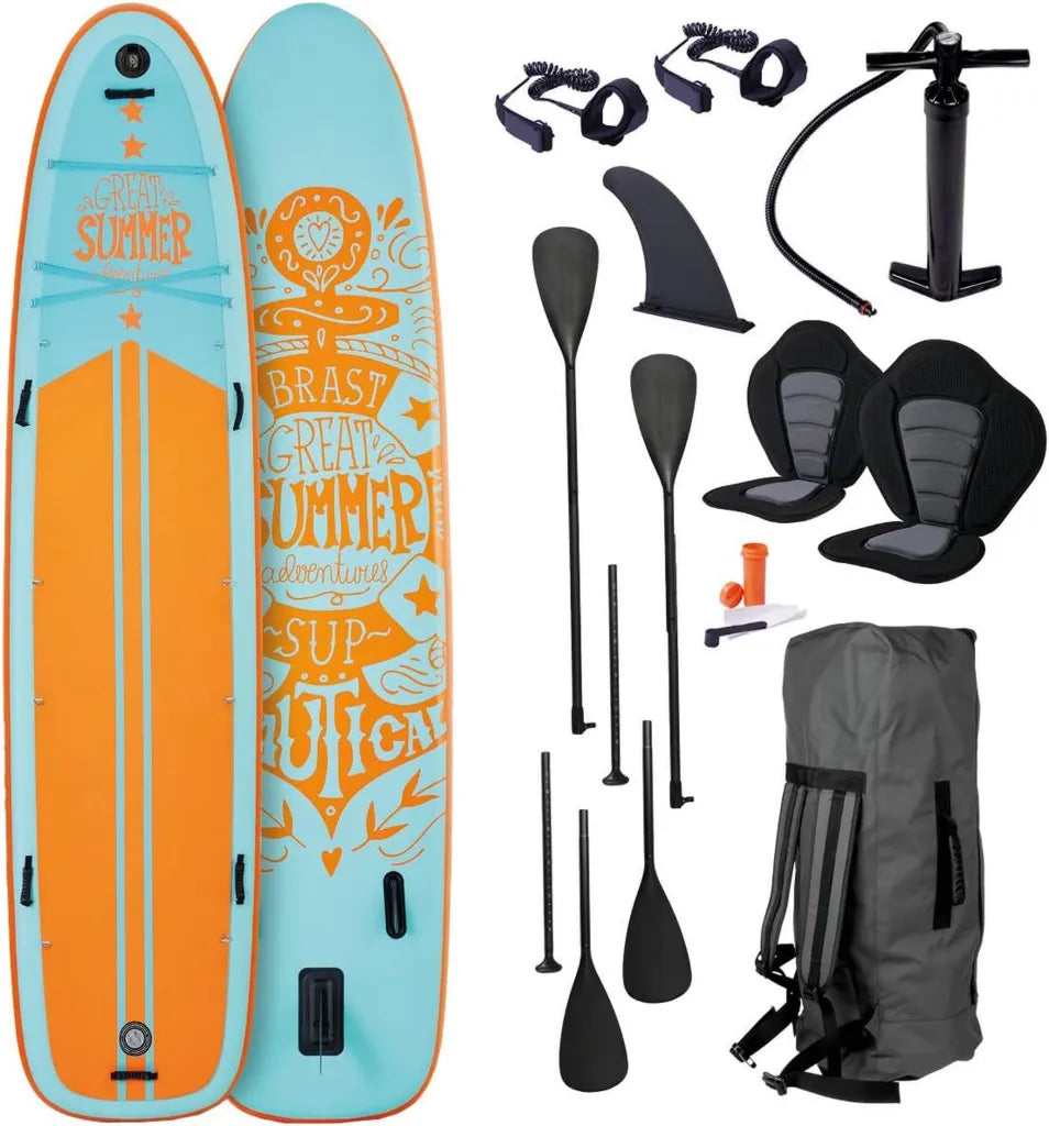 BRAST Aufblasbares SUP Board Set für Familien, 370x87x15cm, bis 250kg, mit 2 Kajaksitzen und Zubehör