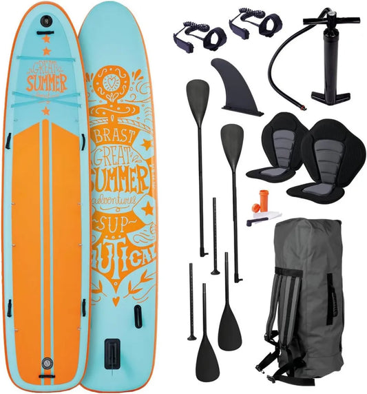 BRAST Aufblasbares SUP Board Set für Familien, 370x87x15cm, bis 250kg, mit 2 Kajaksitzen und Zubehör