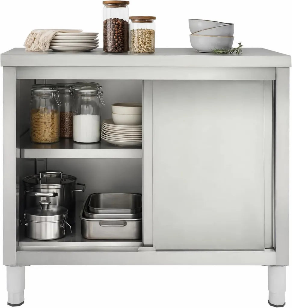 Edelstahl-Outdoorküche mit Schiebetüren, 100x50x86 cm Arbeitsschrank, Höhenverstellbar 5-20 cm, Ideal für Küche, Garage und Kantine