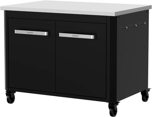 Cozze® Outdoor Küchenstation mit Edelstahlplatte, ideal für Plancha, integrierter Stauraum & Haken, modular erweiterbar, 100 kg Tragkraft, mobil mit Rollen