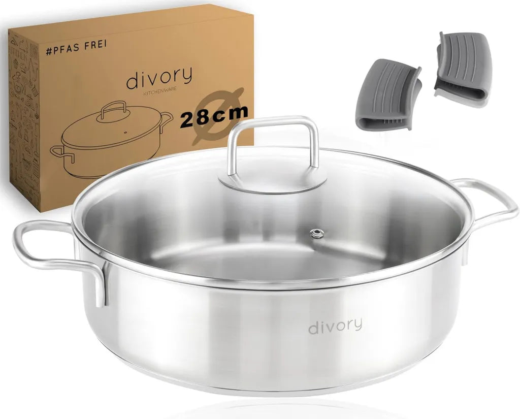 DIVORY Schmortopf 28cm – Edelstahl Servierpfanne mit Deckel, geeignet für Induktion & Backofen