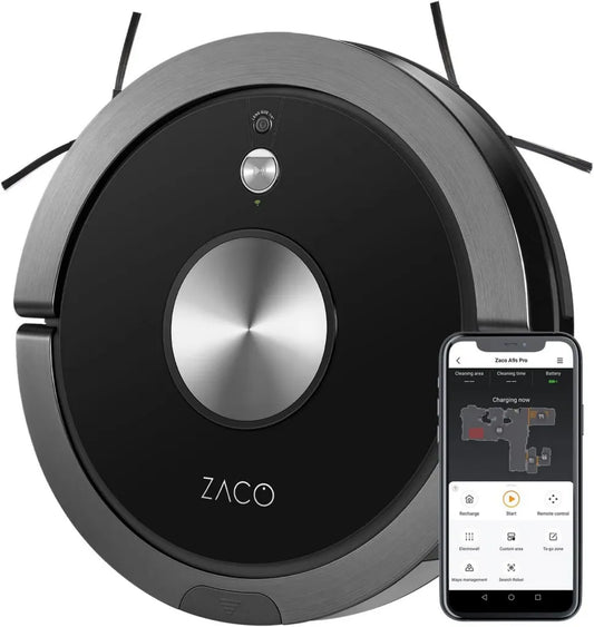ZACO A9sPro Saugroboter mit Smart-Wischsystem, App-Steuerung & Alexa-Kompatibilität, Ultraflach mit 7,6 cm, Effiziente Raumkartierung, 120 Minuten Betriebszeit, Geräuscharmer Staubsauger für Teppiche, Tierhaare & Hartböden, Schwarz