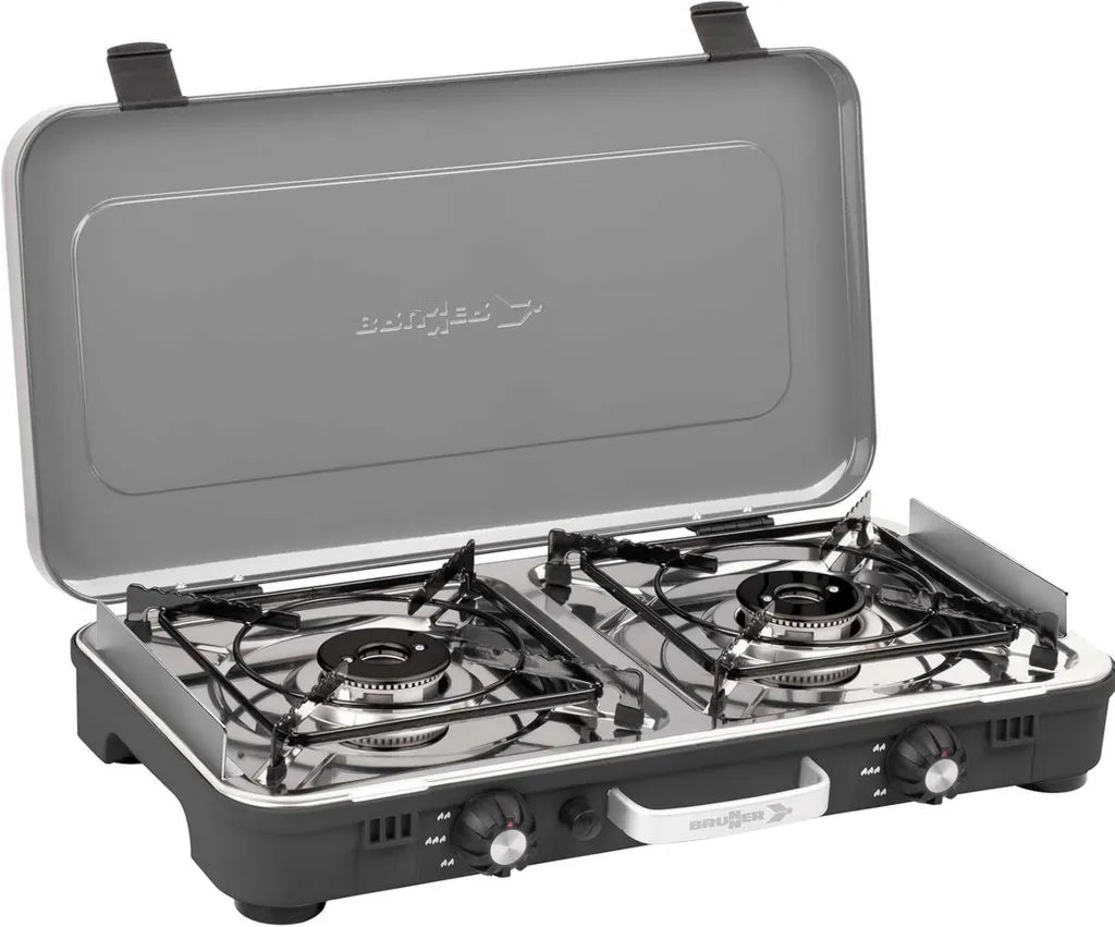 BRUNNER: 2-Flammen Edelstahl Gasgrill & Kocher für Camping - 50mbar inkl. Regler & 1m Gasschlauch