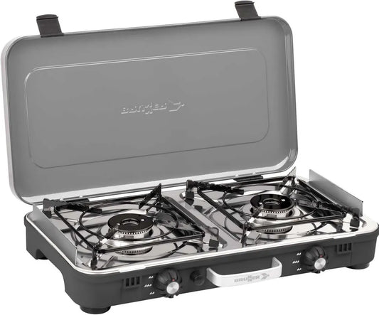 BRUNNER: 2-Flammen Edelstahl Gasgrill & Kocher für Camping - 50mbar inkl. Regler & 1m Gasschlauch
