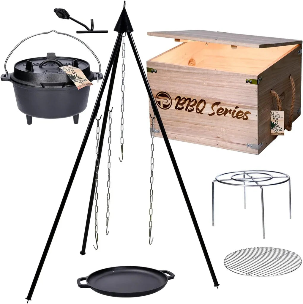 Gusseisen Dutch-Oven Set mit Dreibein und Zubehör, für BBQ und Camping