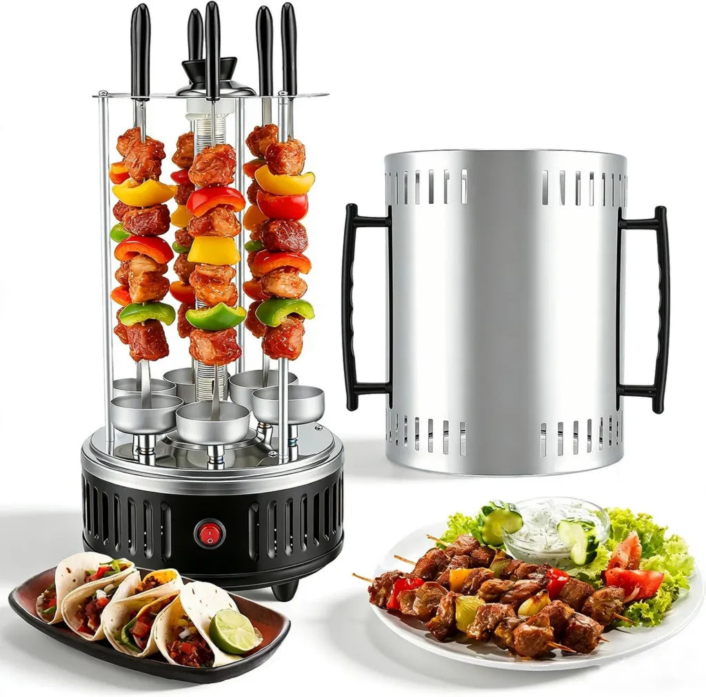Edelstahl Tischgrill Elektrisch, Vertikal BBQ mit 12 Spießen & Glasrohr-Heizungen, 1000W Rauchfreie Grillstation für Innen & Außen