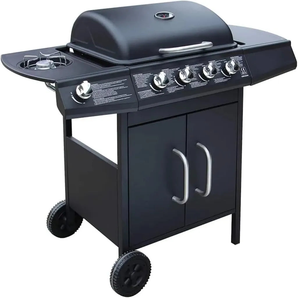Edelstahl 4+1 Gasgrill mit Thermometer und Rollen, Schwarz, 27200 BTU