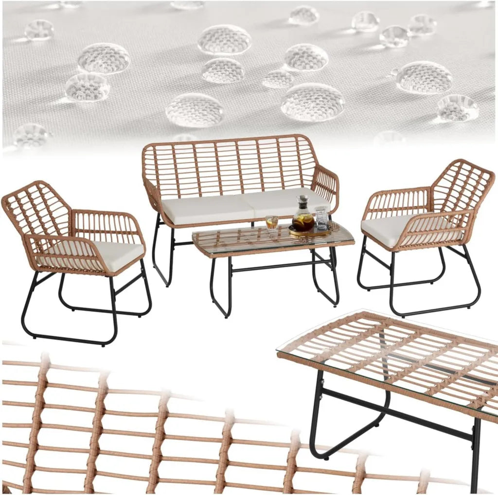 Hochwertiges Outdoor Rattan Sitzgruppe Set mit Bank, 2 Stühlen und Tisch, Ideal für Garten und Balkon