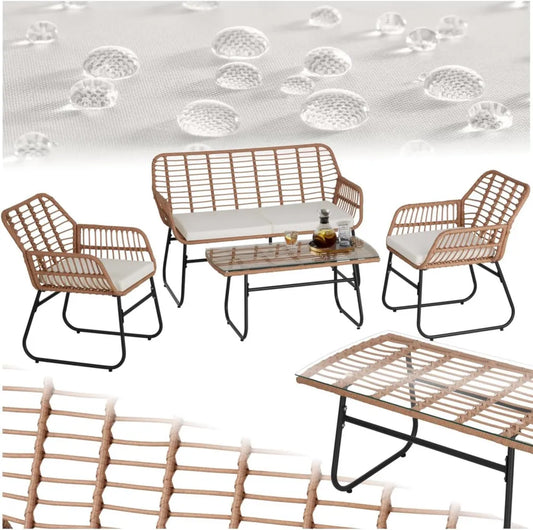 Hochwertiges Outdoor Rattan Sitzgruppe Set mit Bank, 2 Stühlen und Tisch, Ideal für Garten und Balkon