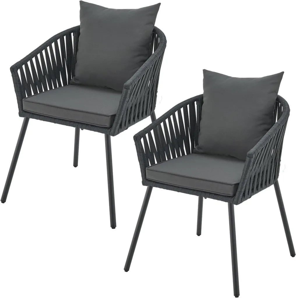 Wetterfeste Gartenstühle im 2er-Set aus Stahl und Polypropylen – Tragkraft bis 160 kg – Mit Polyester-Sitz- und Rückenkissen – Für Garten, Terrasse und Balkon – Dunkelgrau
