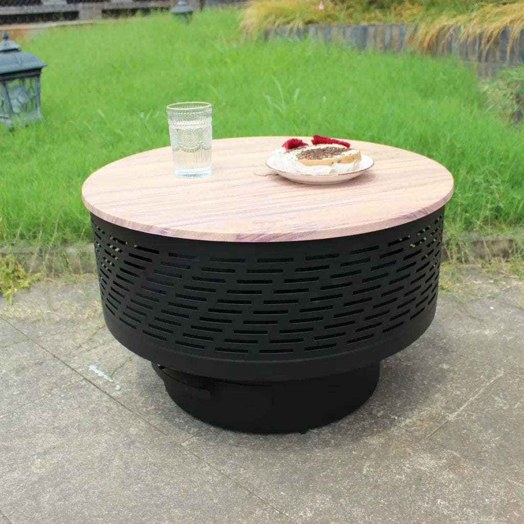 OutVue Holz-Feuerschale 66 cm mit Grill und Abdeckung, wasserdichter Außen-Feuerschalentisch mit Haken