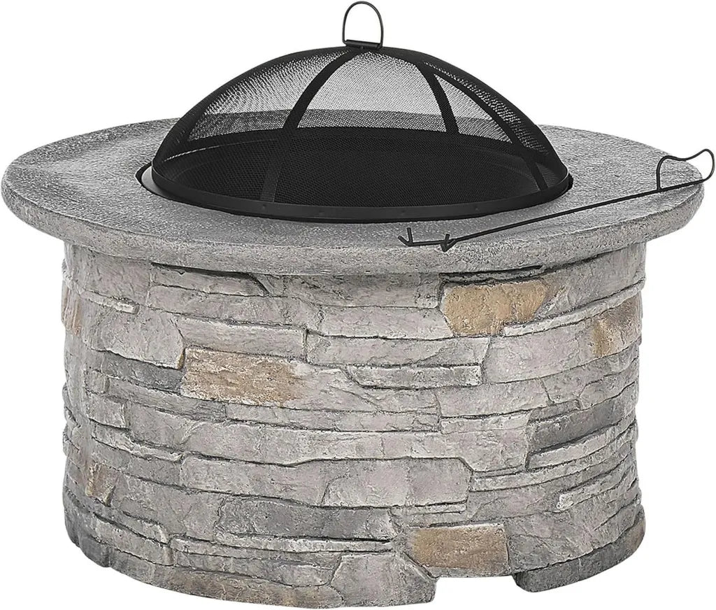 Runde Feuerschale aus Leichtbeton in Steinoptik mit Funkenschutz, 92 cm - Modell Tambora