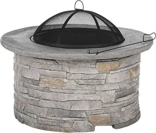 Runde Feuerschale aus Leichtbeton in Steinoptik mit Funkenschutz, 92 cm - Modell Tambora
