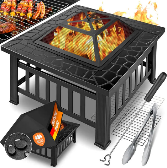 KESSER® Multifunktionale Feuerstelle 82x82x50cm mit Grillrost und Zubehör, 3-in-1 Feuerkorb für Heizung, BBQ und Terrasse