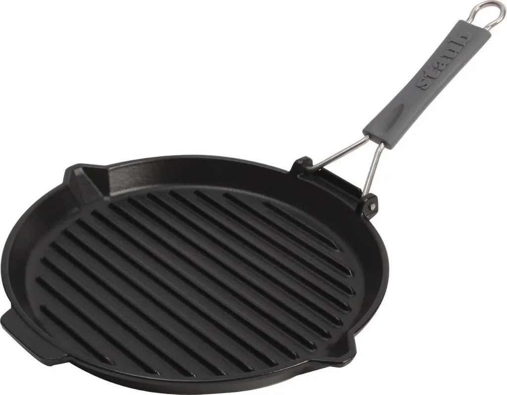 STAUB Runde Gusseisen Grillpfanne, 28 cm, Klappbarer Silikongriff, Induktion & Ofen geeignet, Schwarz