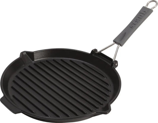 STAUB Runde Gusseisen Grillpfanne, 28 cm, Klappbarer Silikongriff, Induktion & Ofen geeignet, Schwarz