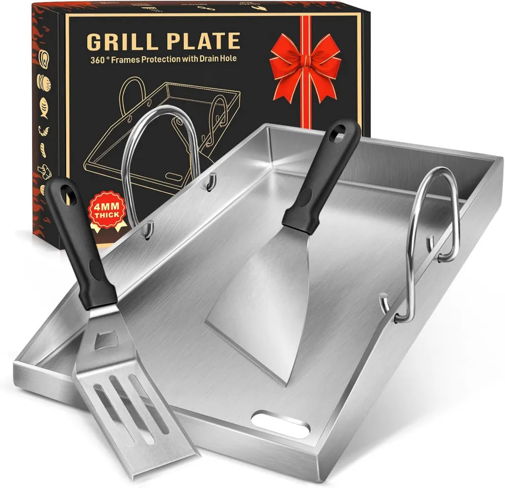Edelstahl Plancha Grillplatte 40x30 cm mit Griff und Spatel-Set, Perfekt für Gas- und Holzkohlegrills