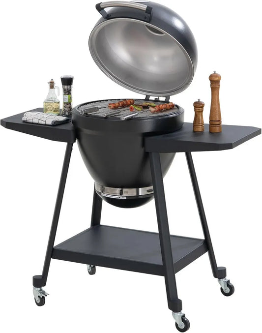 SUNJOY 51 cm Keramikgrill mit Pizzastein, mobiler Holzkohlegrill & Räucherofen auf Rädern - Schwarz