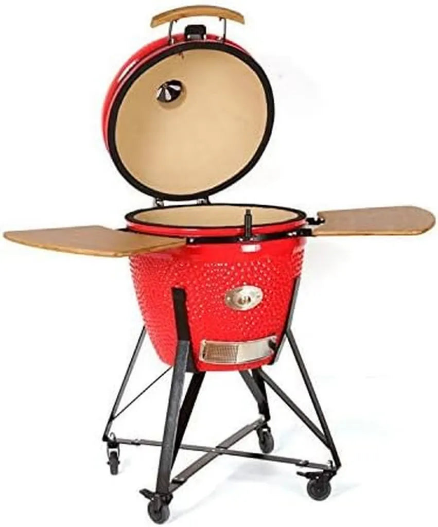 Großer Kamado Grill XL 53,3 cm mit Rauchspender, Rot, Keramik Ei Smoker